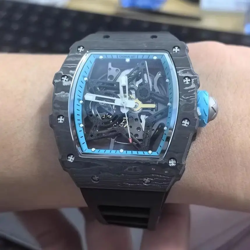 CRONUSART Men Automatic Watch Tonneau Mechanical Wristwatch Carbon Fiber Case Sapphire Luminous Skeleton Star Dial FKM Strap