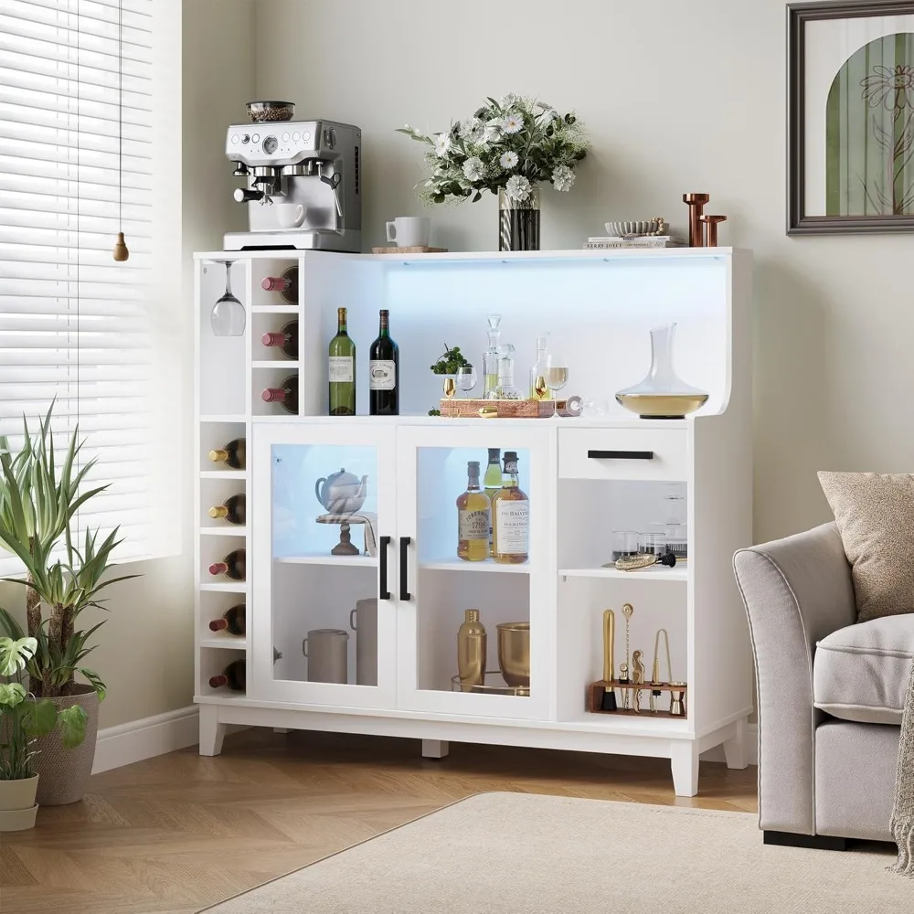 

47” Coffee Bar Cabinet with Storage, Wooden Wine Liquor Cabinet with LED Lights, Buffet Sideboard with Glass Holder and Doors f