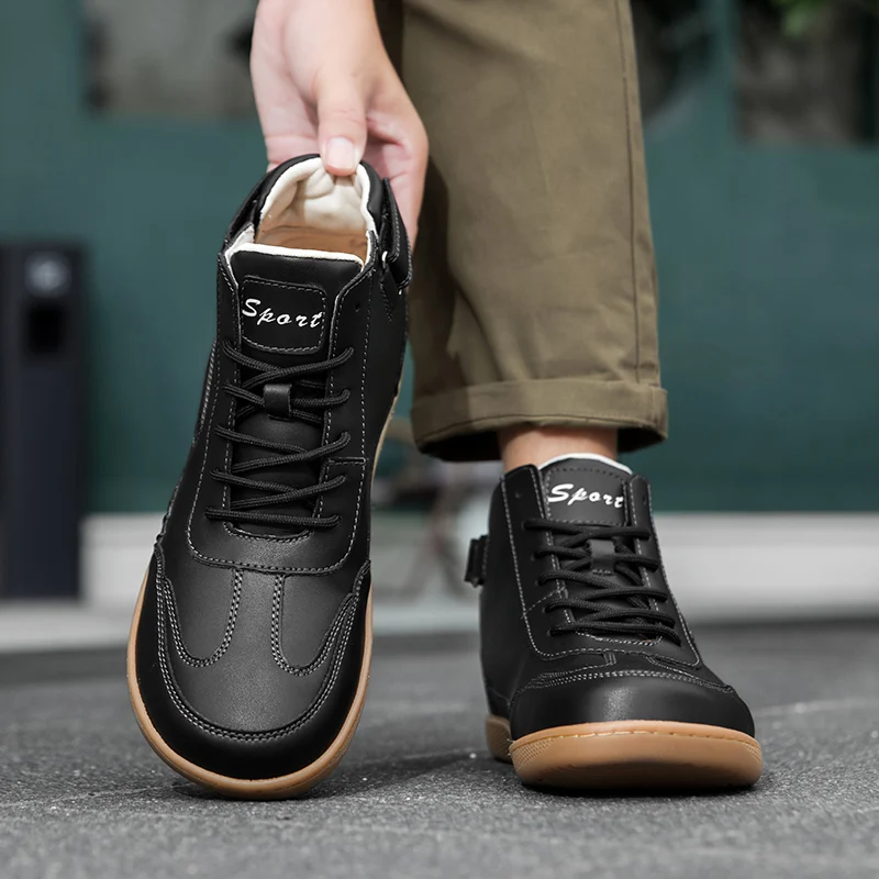 Mid Top Wide Width Barefoot Shoes Comforthable Men's Casual Shoes Artificial Leather Outdoor Non-slip Lace Up Man Walking Shoes