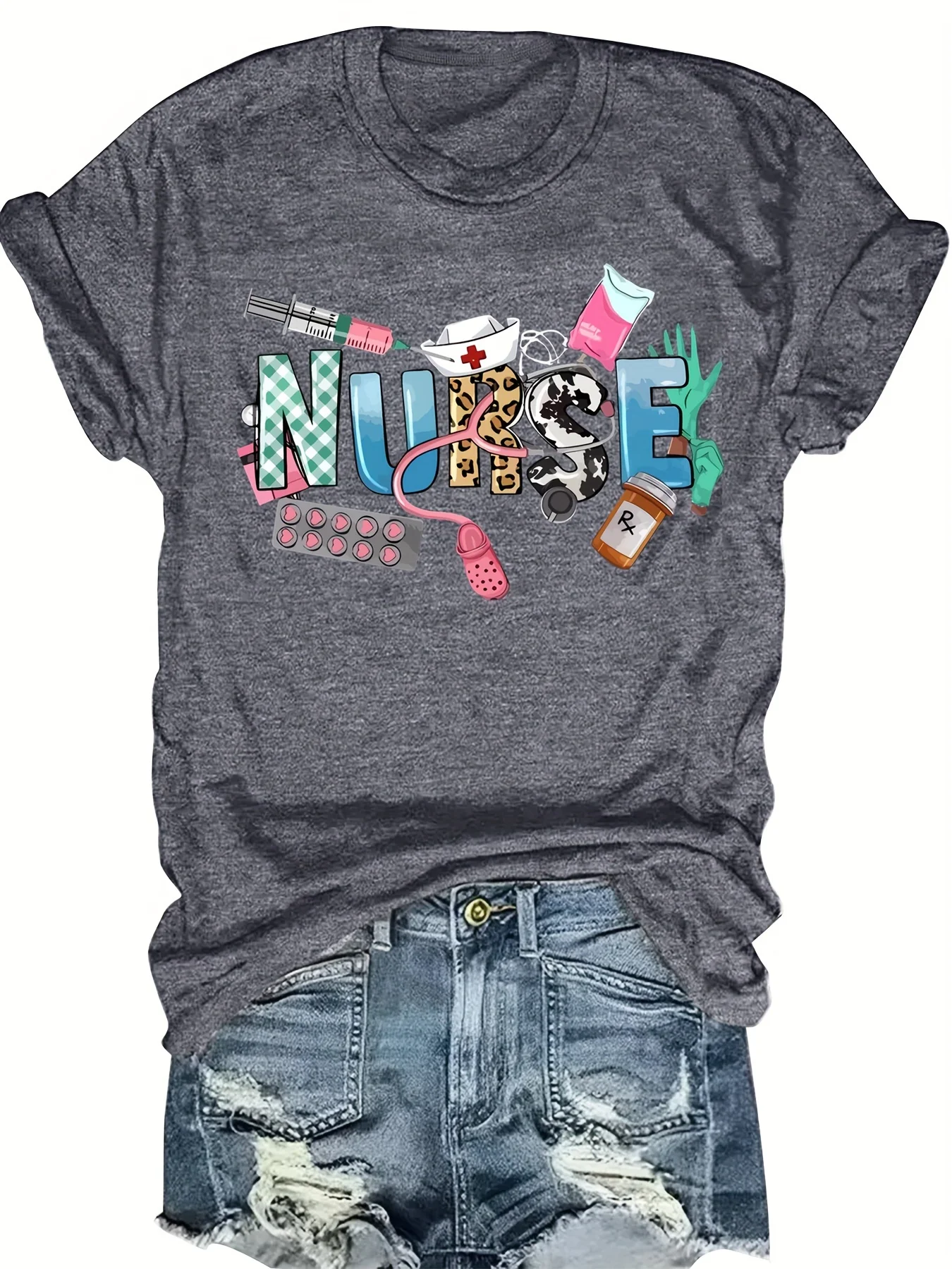 

Fashionable round Neck Short Sleeve Women's T-Shirt with Cartoon Letter Pattern Print Casual Comfortable Top for Ladies