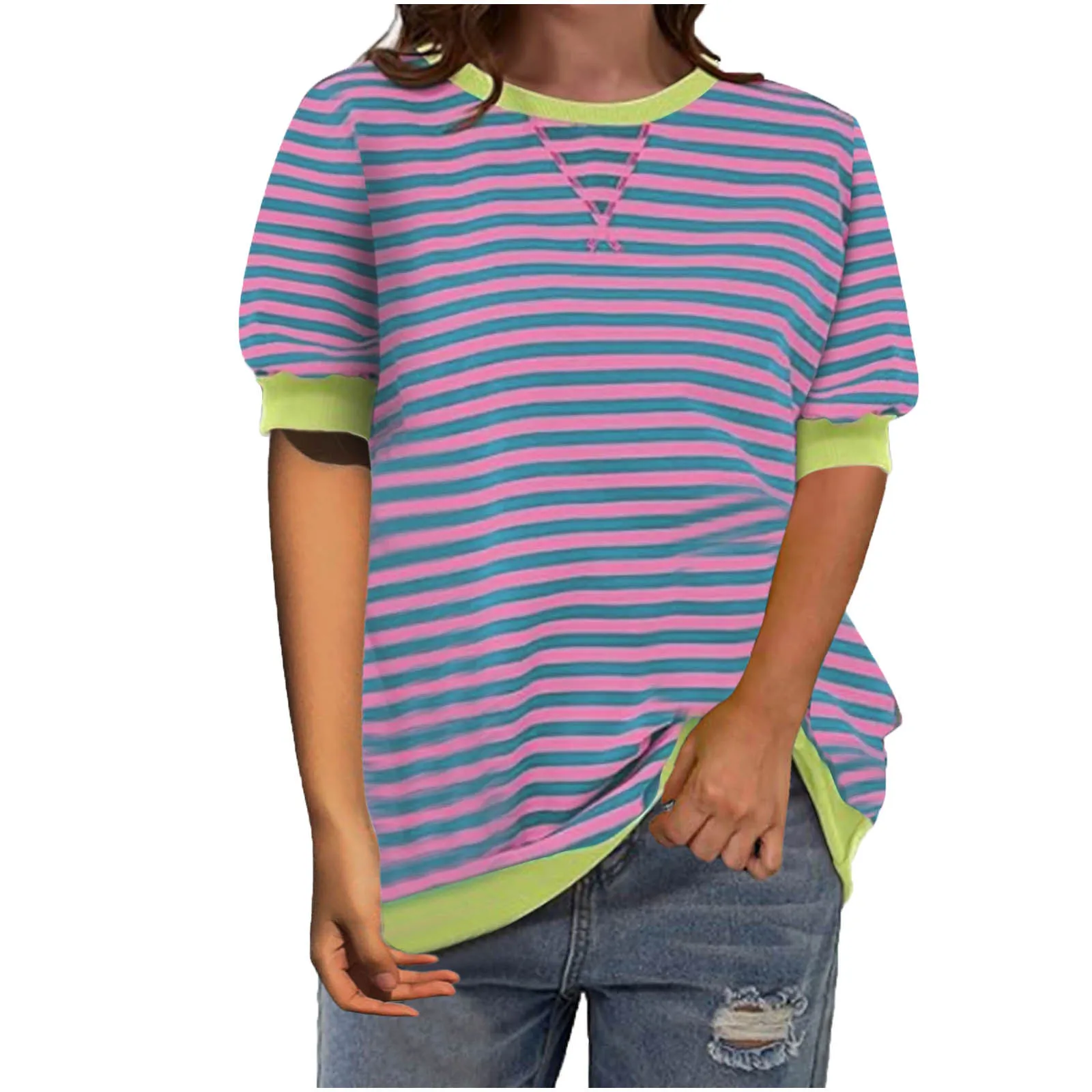 2024 Women's New Fashionable and Elegant Commuting, Simple and Casual Stripe Colored Cuff Short Sleeve Round Neck T-shirt