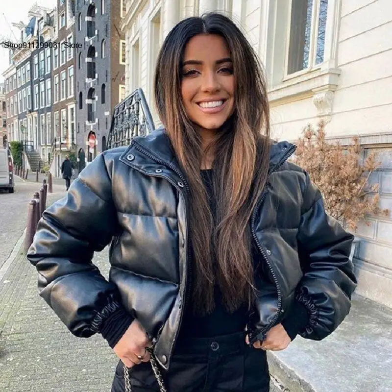 Pu Leather for Spring Autumn Winter Small Short Thick Loose Long Sleeved Thick Coat Cotton Jacket for Women