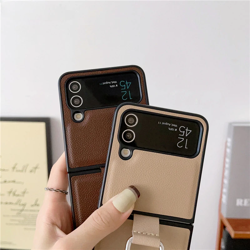 For Samsung Galaxy Z Flip 5 4 3 Phone Case Luxury Pu Leather Hard Plastic Back Cover5G Case with Ring