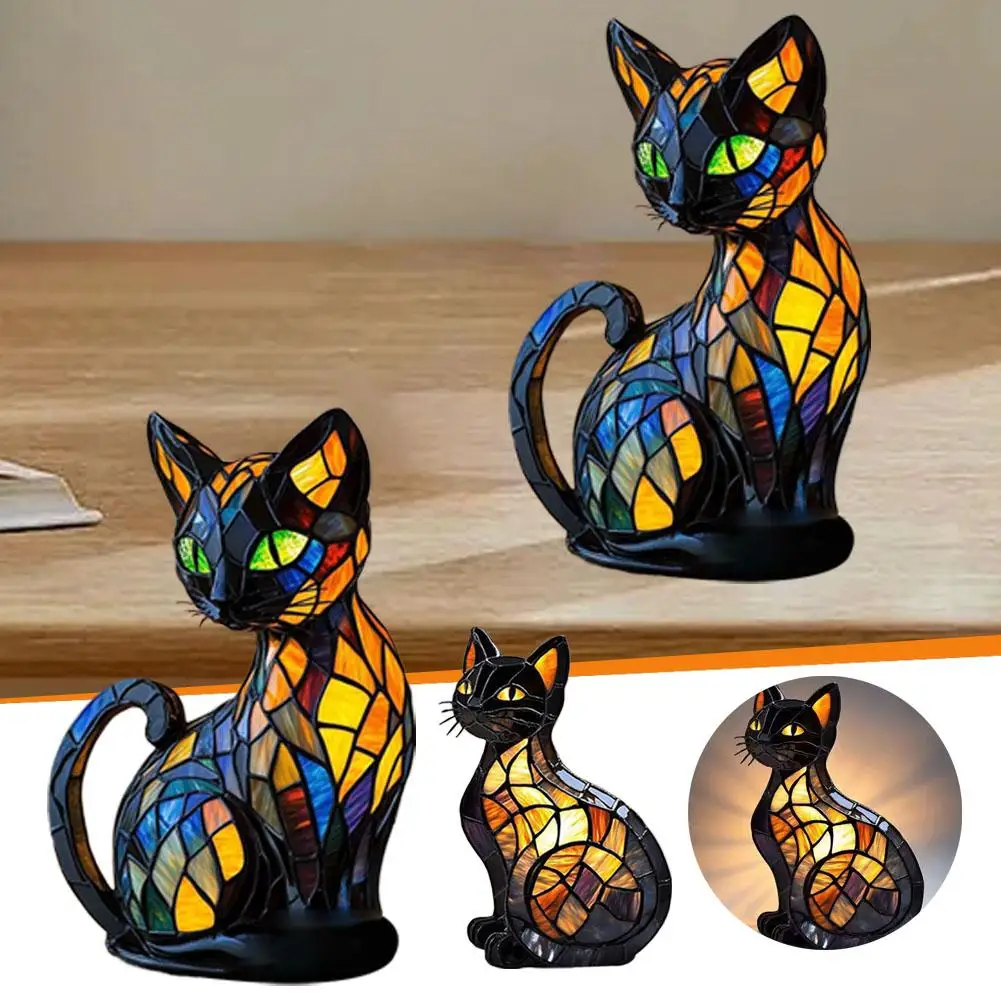 Lámpara de gato bonita, vitral retro led de resina teñida, luz nocturna de mesa, luces de ambiente para dormitorio, regalo para amantes de los perros y gatos