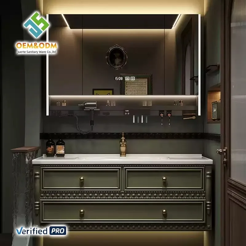 OEM Modern Solid Wood Bathroom Vanity Table Cabinet With Mirror Copper Drainer Wall-Mounted Ceramic Basin Faucet For Dining