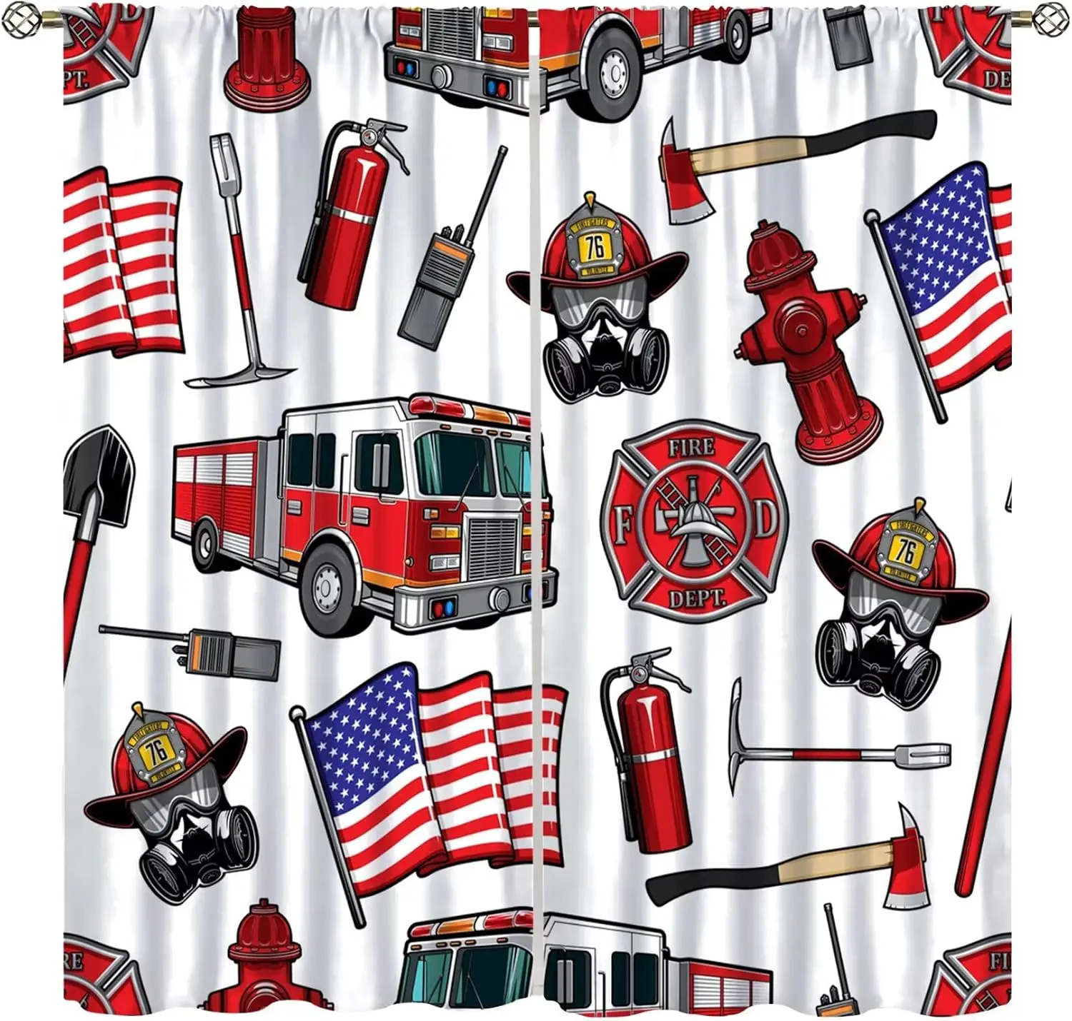 Fireman Style Curtain Cartoon Fire Truck Hydrant Axe Helmet American Flag Print Light Filter Drape For Living Room Kid Room