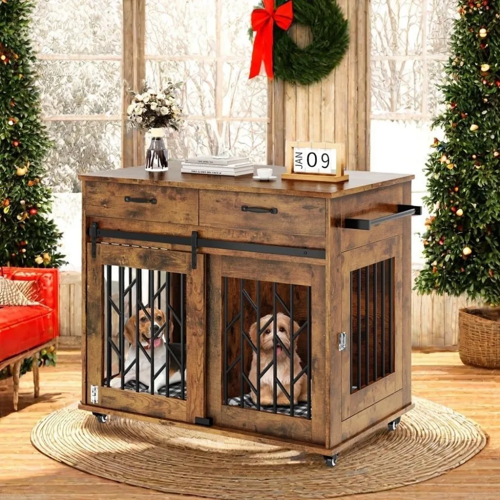 

LUCK Dog Crate Furniture For 2 Dogs, 39" Wooden Dog Kennel End Table With Wheels And Storage Drawers, Indoor Double Door D