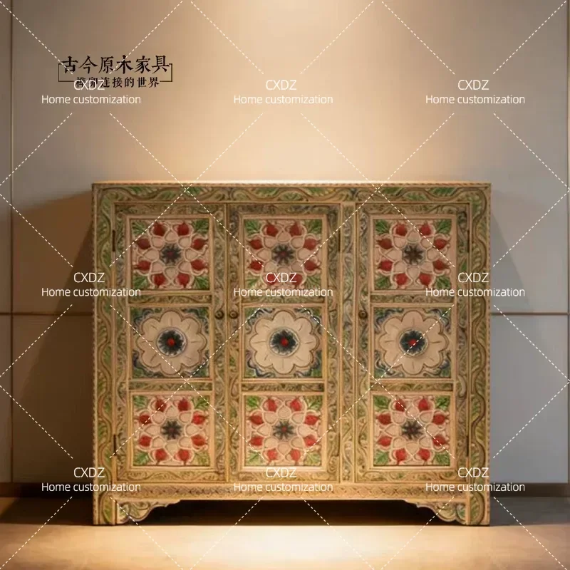 Solid Wood Carved Floral Decor Painted Shoe Cabinet Retro Porch Storage Locker Log Style Entryway Furniture CB608-8