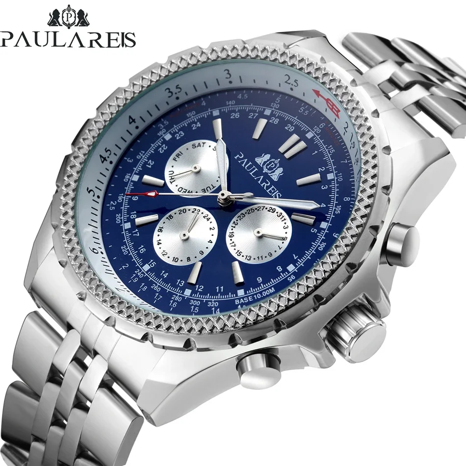 التلقائية الميكانيكية حركة الرياح الذاتية أزياء رياضية أزرق أسود أبيض الطلب أزياء الرجال ووتش