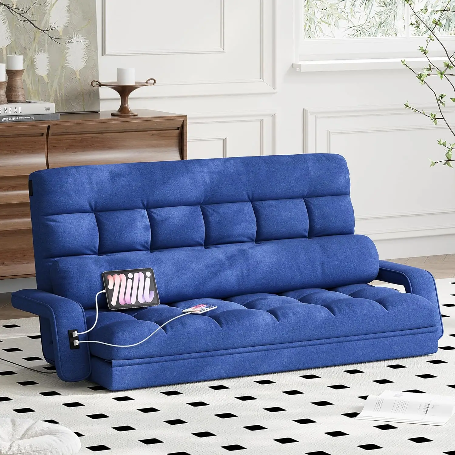 

Floor Lounge Sofa w/ 2 USB Ports, 5-Position Folding Gaming Chair, Bedroom Living Room, Customized