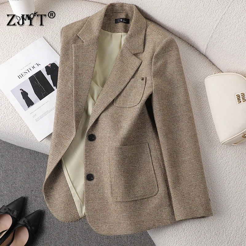 ZJYT Women Suit Blazer Elegant Woolen Coat 2025 Autumn Winter Jacket Office Ladies Tops Casual Vintage Outerwears Plus Size