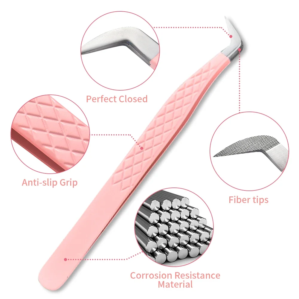 Fiber Tip Eyelash Extensions Tweezers Clip Makeup Pink Stainless Steel Technological Fibers Eyelashes Extensions Lash Tweezers