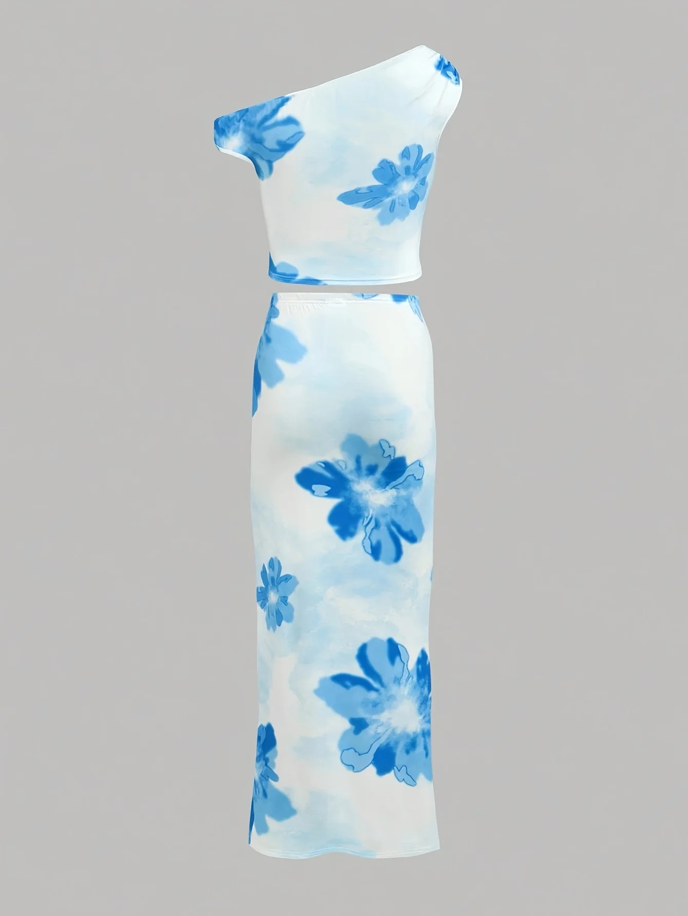 Girls' Casual Skirt Set: Blue Sleeveless Asymmetrical Neckline Top + Blue Floral Print Skirt Two-Piece Set, Blue Floral Print, Fashionable and Versatile, Suitable for Girls Aged 5-13, Home and Vacation Wear