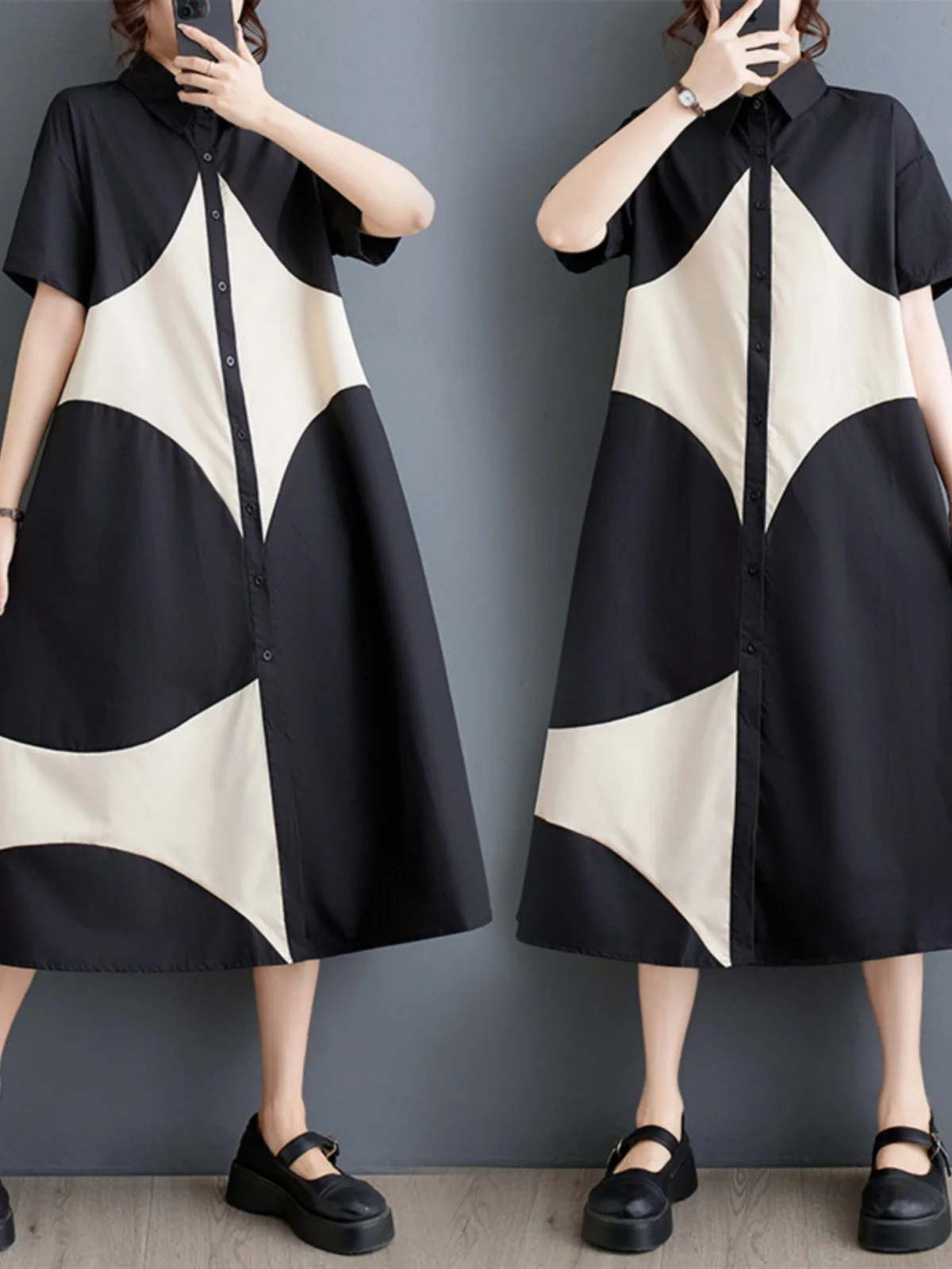 Vestido Casual de Verão Plus Size com Estampa e Mangas Curtas, Silhueta A-Line, Estilo de Trabalho, Gola Alta