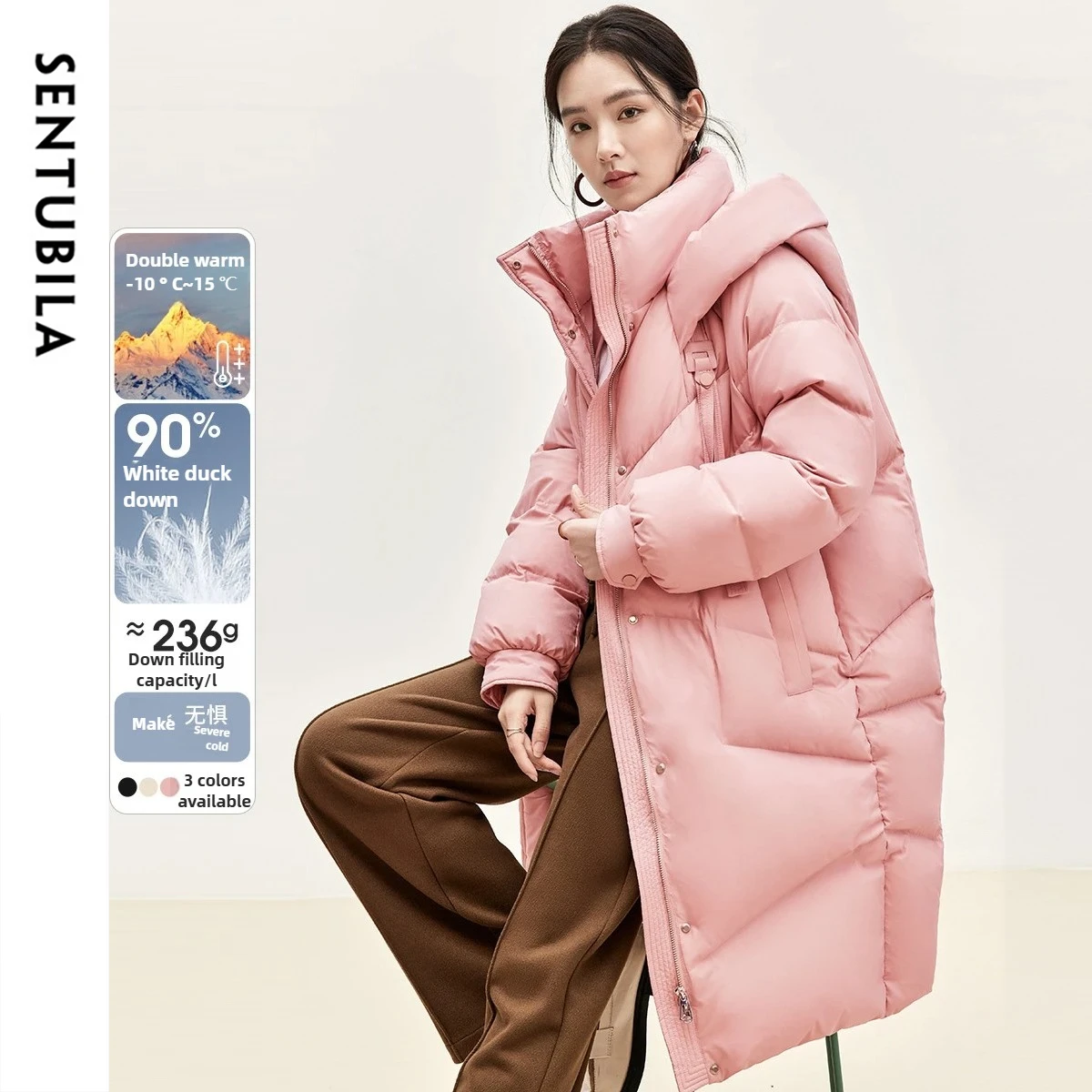 

SENTUBILA Long Sleeve Down Jacket Woman New Winter Midi Down Coats Stand-up Collar Hooded Outerwear Women's Clothing W44Y55972