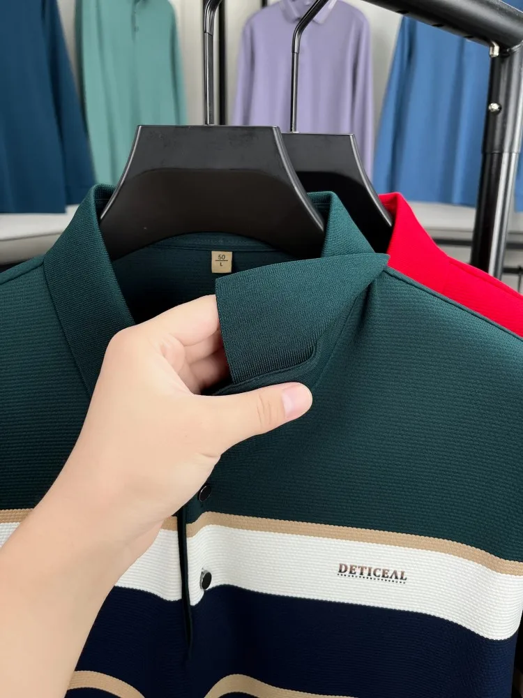 الراقية العلامة التجارية رسالة مطبوعة قميص بولو بأكمام طويلة الرجال في الربيع والخريف جديد عادية وأزياء مخطط التلبيب تي شيرت #5