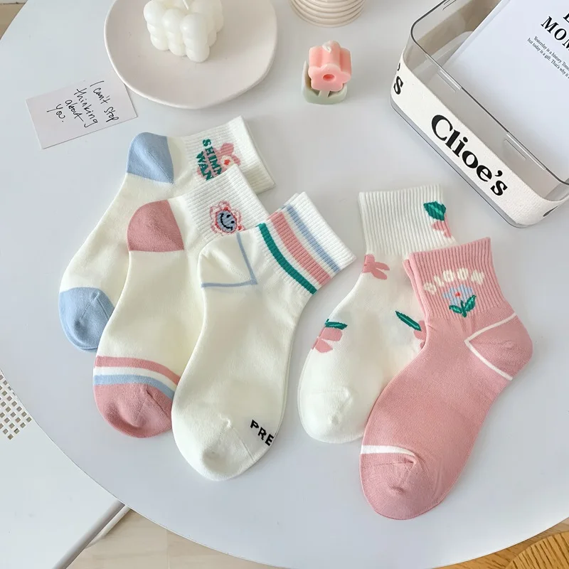 

Flower Socks for Women Spring Summer Florals Striped Casual Thin Cotton Women's Sock Cute Soft Short Ankle Sox 5 Pairs