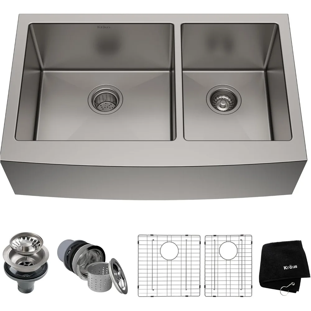 33-Inch Front Farmhouse 16-Gauge 60/40 Double Bowl Stainless Steel Kitchen Sink, KHF203-33