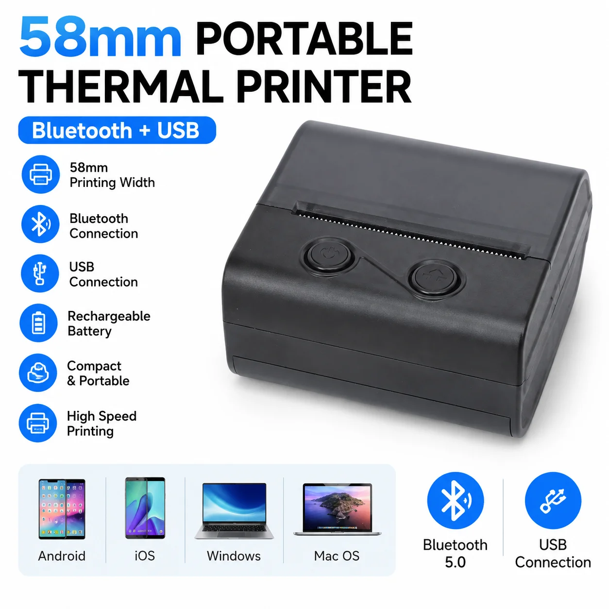 WEIHUANG M21 58mm 2 Inch Portable Mini Bluetooth USB Thermal Receipt POS Printer Wireless Bill Ticket Machine for Android iOS Wi