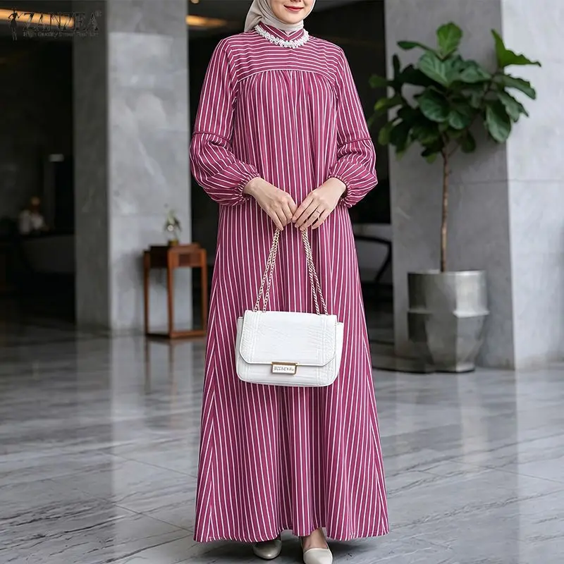 ZANZEA Women Striped Maxi Dresses Elegant Lantern Sleeve Muslim Dress Abaya Modest Ramadan Robe Kaftan Oversize Loose Sundress