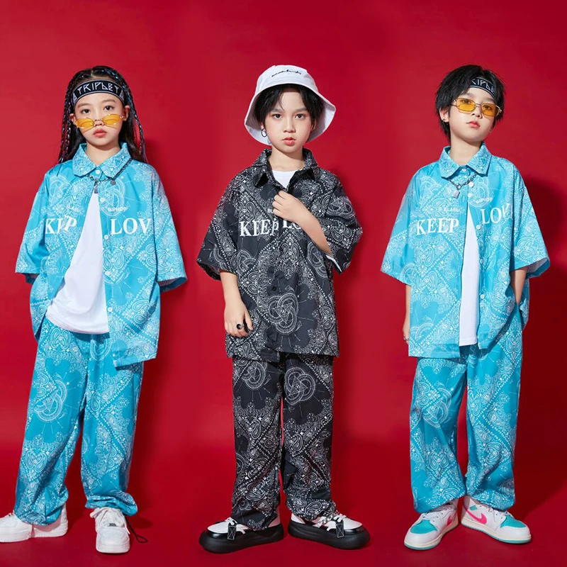 Kids Showing Kpop Outfits Hip Hop Clothing Print Shirt Tops Streetwear Sweat Pants For Girl Boy Jazz Dance Costume Clothes