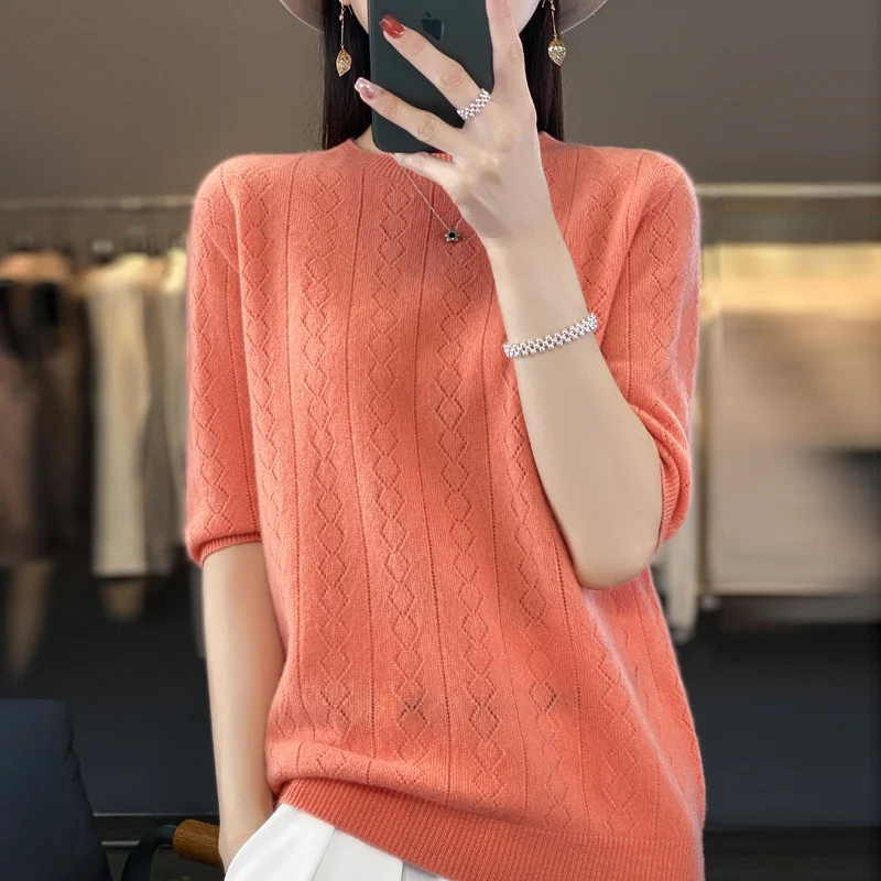 Spring and autumn new women\'s sweater cashmere knitted 100% pure merino wool solid color O-neck short sleeve T-shirt.