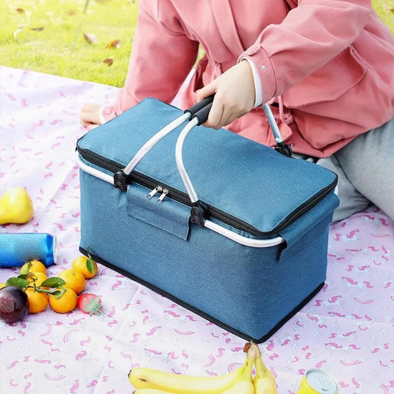 Flat Foldable Oxford Picnic Basket With Aluminum Bracket, Built-in Front Patch Pocket, Space-saving Collapsible Design, Backyard Party Road Trip Food Storage, Family Outdoor Party Organizers