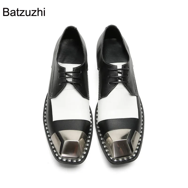 Batzuzhi Silver Metal Tip Black and White Genuine Leather Dress Shoes Men Lace-up Business, Party, Wedding Shoes Men! Big Sizes