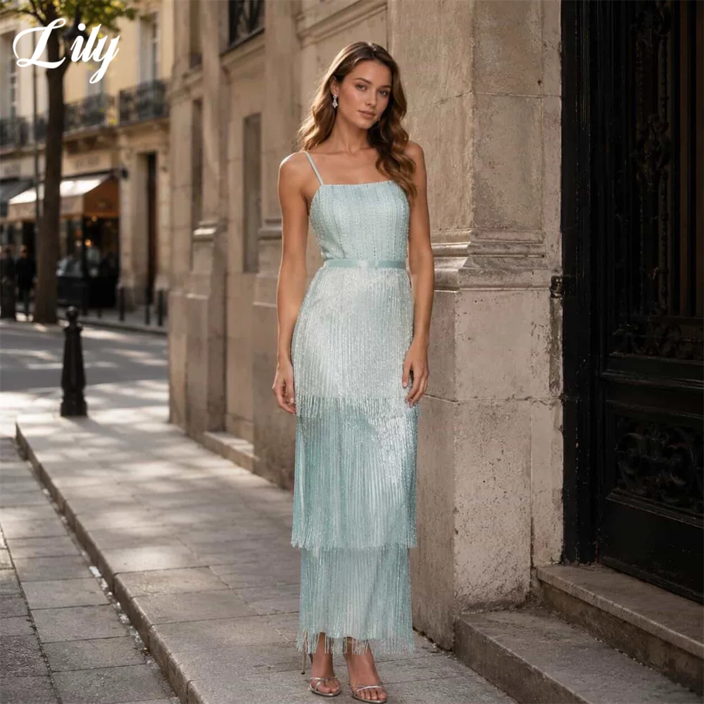 Lily Light Cyan Prom Dresses Spaghetti Strap Tiered Tassel Gala Dresses Beaded Bodice Saudi Arabic Evening Party Gown Customized image 3