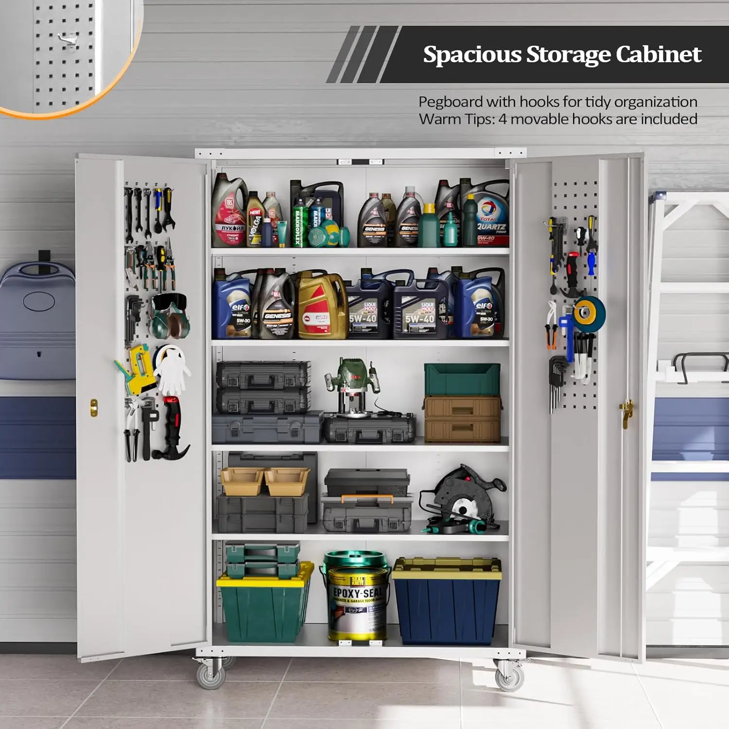 #Upgraded Wide & Deep Garage Storage Cabinet, Metal Storage Cabinet with Pegboards, Wheels, Locking Doors and, Customized