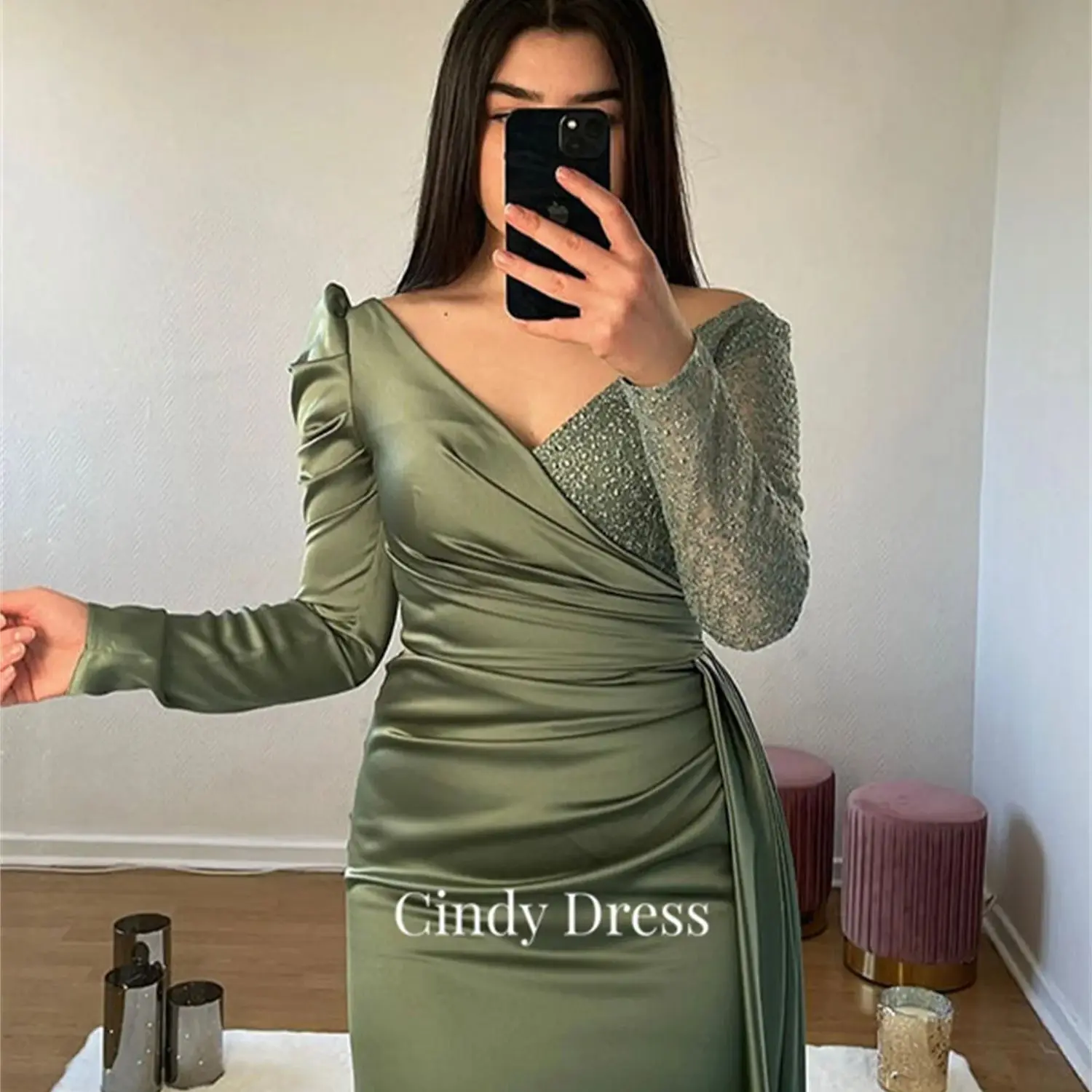 

Cindy Long Tail Mermaid Sleeves Satin Green Shiny Prom Dress Turkey Customs Products Party Dresses Womens Suitable Request Bride