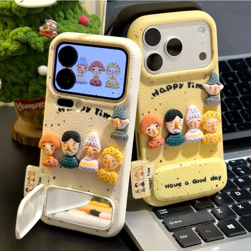 

3D Fun Doll Anti Drop Protective Case with Stand Compatible IPhone 16 17 Pro Max Cartoon Cute Basic Covers Mirror Accessories