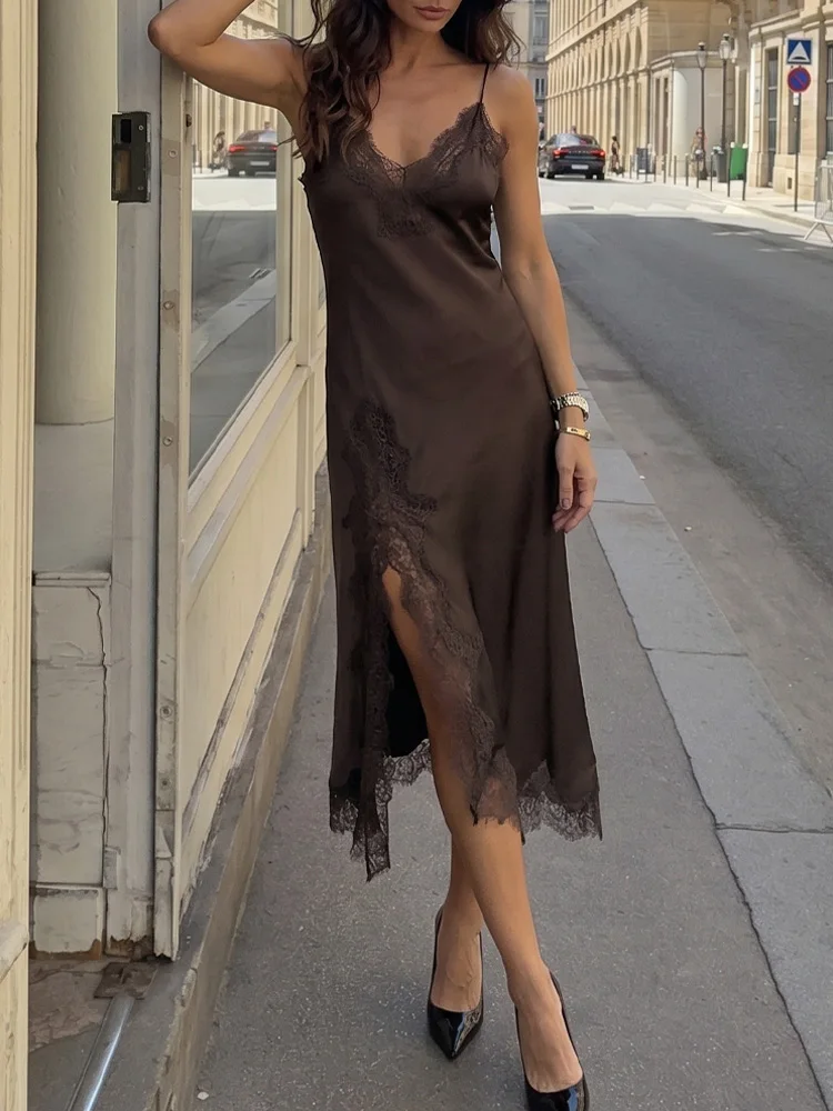 HH Damen Sexy Spitzenkleid mit Schlitz in Braun, V-Ausschnitt, Hohlmuster, Spaghettiträger, Rückenfrei, Modisches Strandkleid 2026 Sommer Damen Streetwear