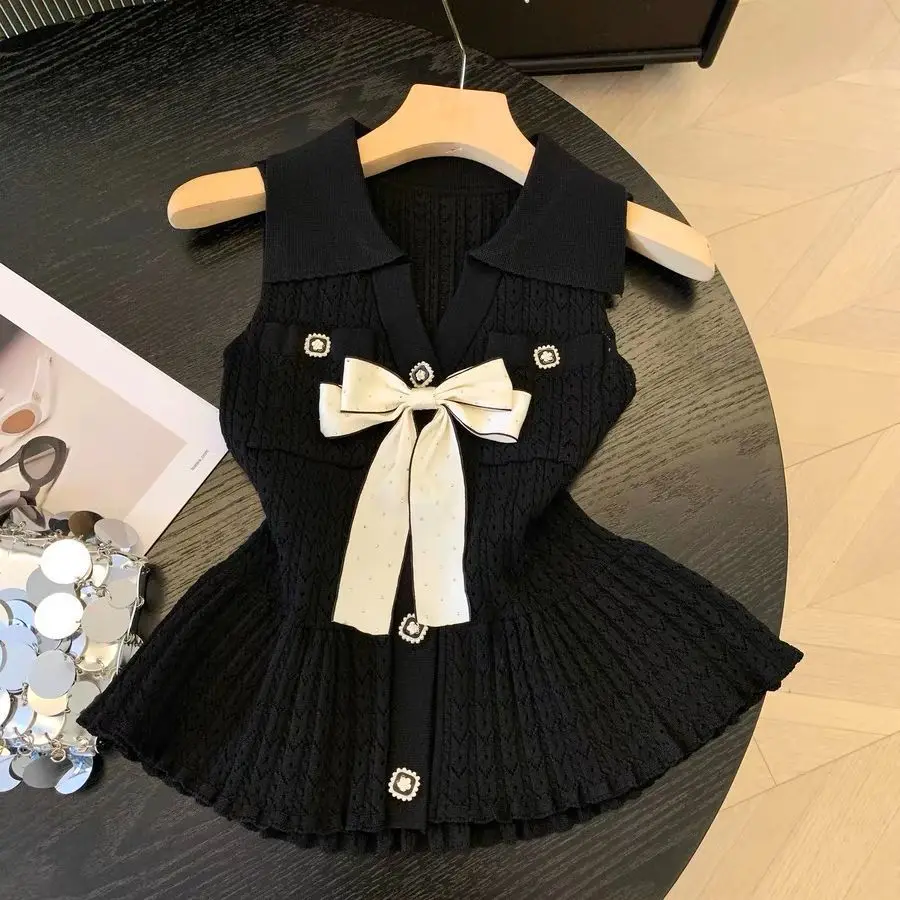 Verão coreano moda arco turn-down colarinho oco para fora regata feminina botões de tricô moda magro topo t roupas femininas