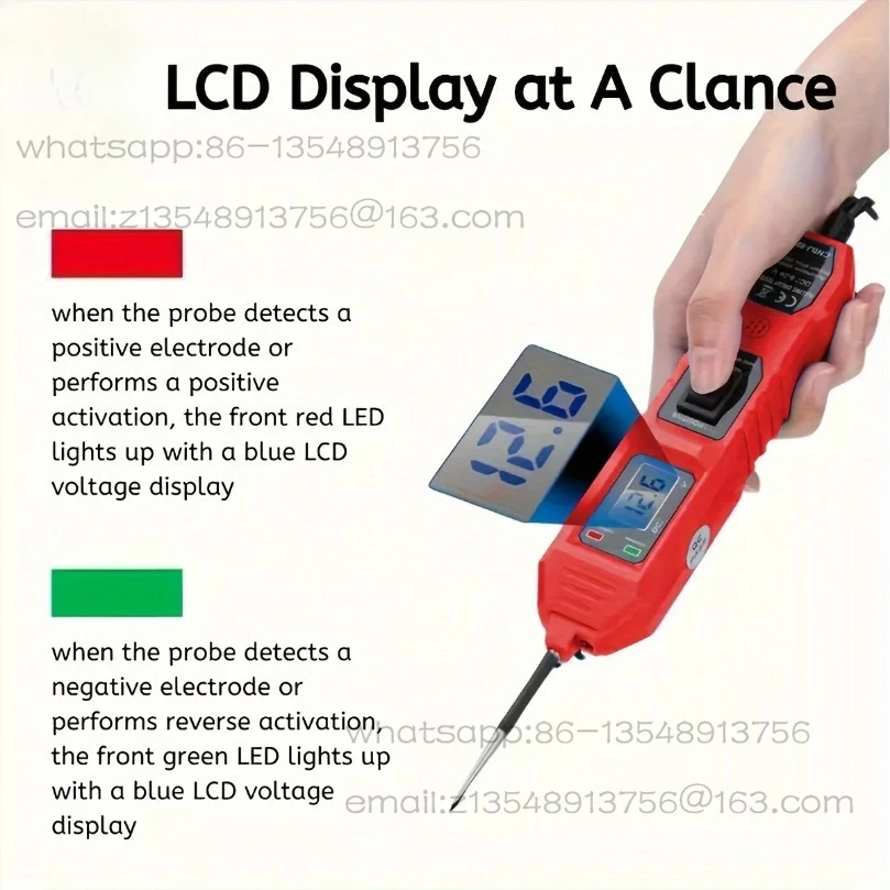 Automotive circuit tester and automotive power circuit probe kit with voltage display LED lights.