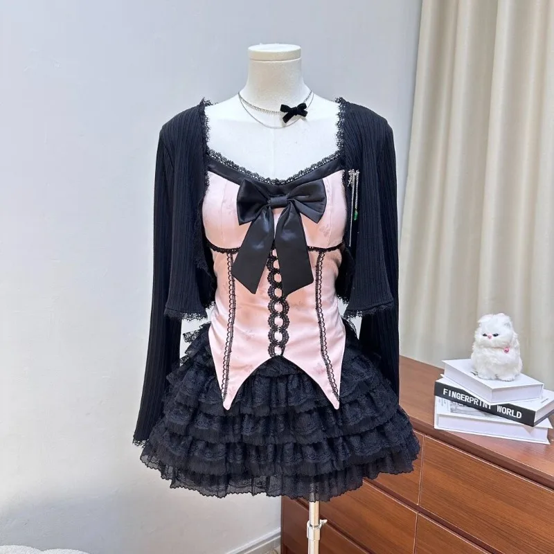 Darkly Series Gothic Girl Design Sweet Vintage Pink Bow Top Unique Short Skirt Sets Black Lace Cake Dress 3 Piece Sets Female view 2