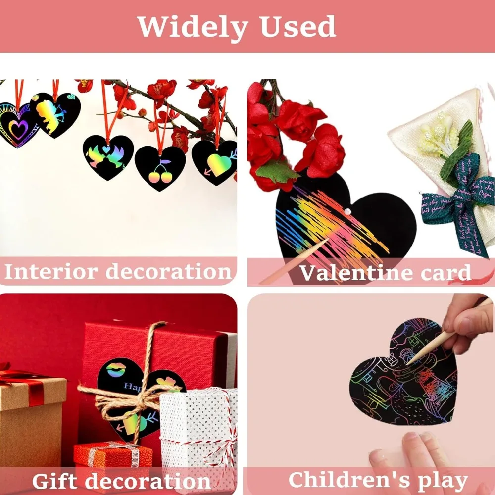 50 rainbow scratch paper, 10 wooden scratch paper sticks and 50 red heart-shaped scratch paper cards