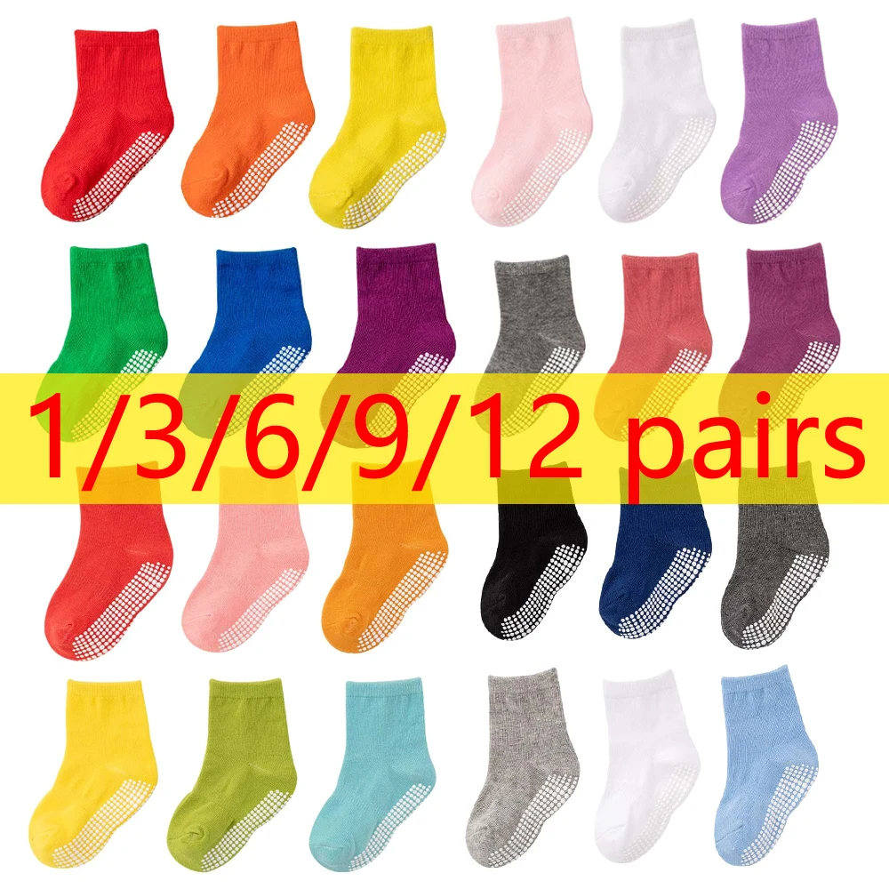 1/3/6/9/12 Paar Kinder-Baumwollsocken-Sets für Babys, Jungen und Mädchen, 2022, weiße, rutschfeste, bequeme, atmungsaktive Baby-Trampolin-Bodensocken