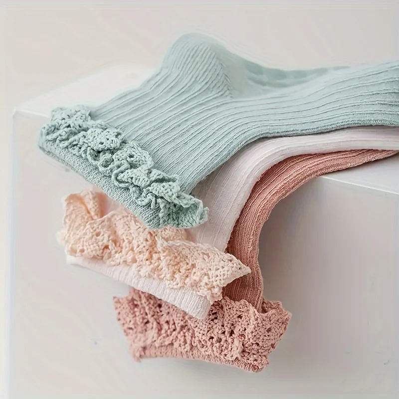 4 paires de chaussettes princesse mignonnes pour bébés de 0 à 3 ans, antidérapantes, à volants en dentelle et couleurs unies