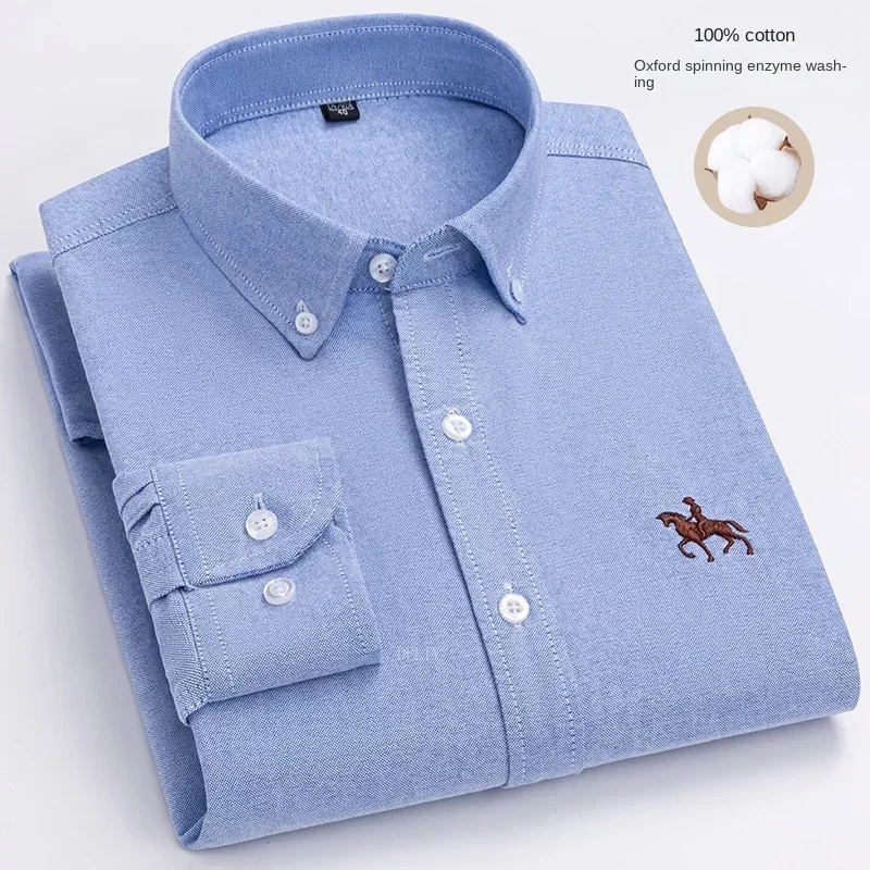 2024 Men Shirt Floral Long Sleeve Casual 100% Cotton Oxford Man Leisure Embroidered Horse Shirts Streetwear Oversized  Plus Size