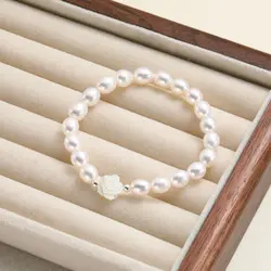 Natural Freshwater Pearls Oval Shape Elastic Rope Shell Flower 925 Sterling Silver Bracelet Fashion Classic Jewelry for Women