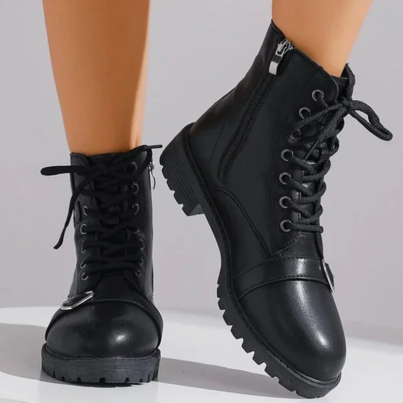 

Women's Boots Metal Heart Buckle Ankle Boots for Woman Autumn Winter Lace Up Platform Short Boots Women Black Shoes Botas Mujer