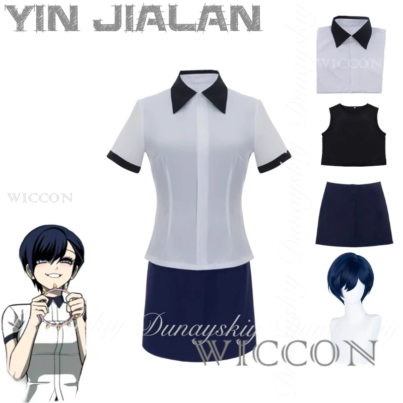 

Игрушка на Хэллоуин, карикатура, Инь Цзялан, косплей с темно-синим париком, белый, синий, профессиональная одежда для косплея в стиле аниме для взрослых