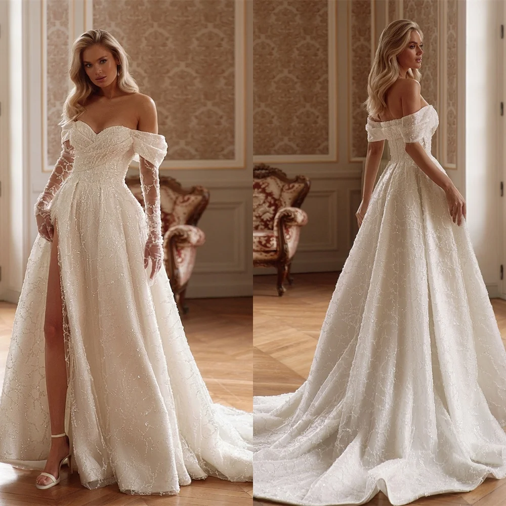 

Customized Classic White Organza Bridal Gowns Elegant Strapless Off the Shoulder Long Sleeves Wedding Dress Chapel Train Dress