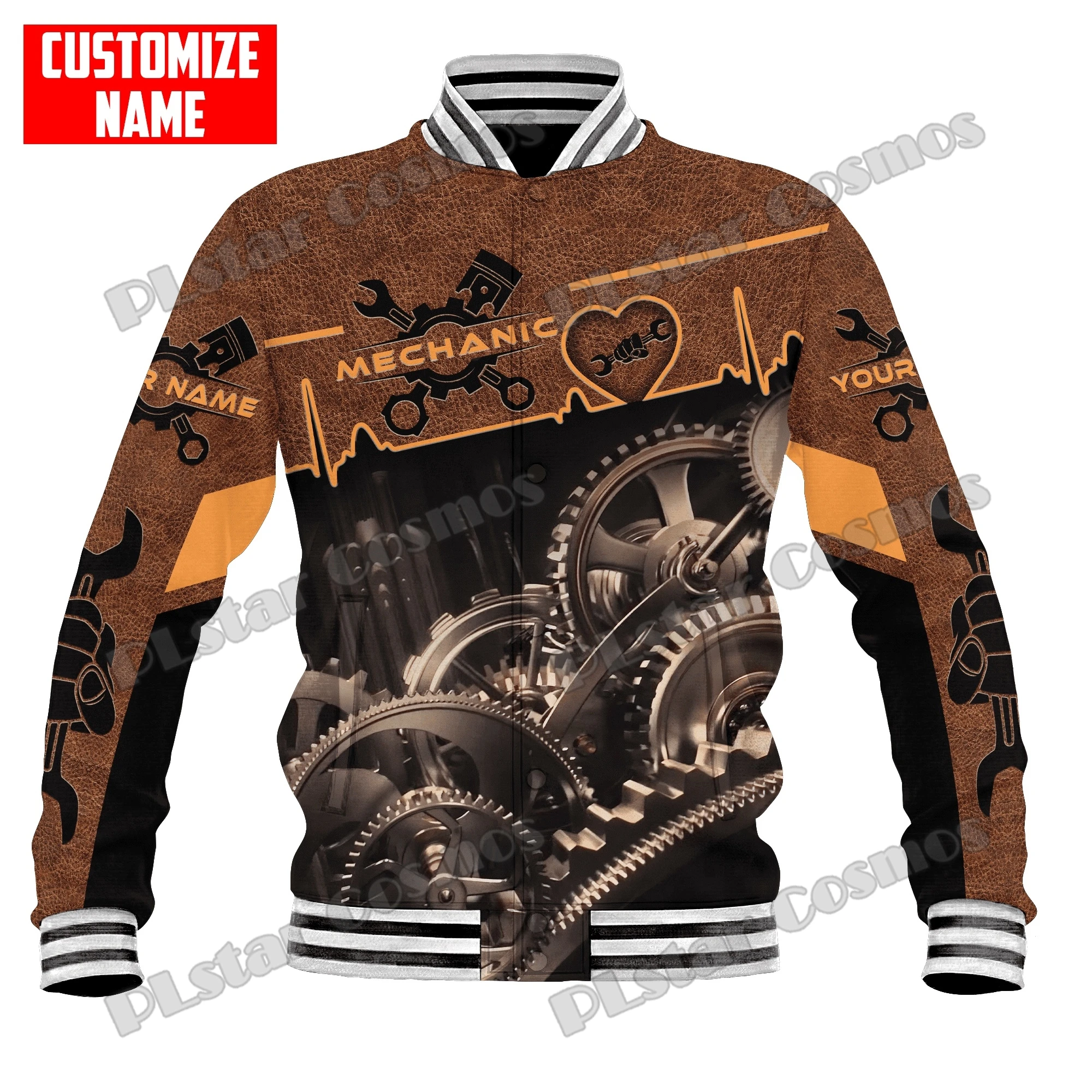 Chaqueta de béisbol con patrón mecánico con nombre personalizado para hombre, chaqueta universitaria de béisbol con estampado 3D, informal, a la moda, para invierno, BQF06