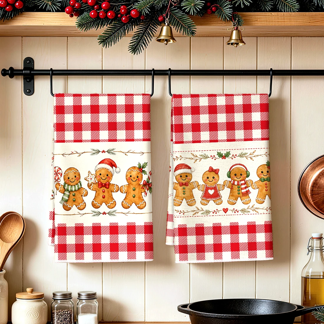2pcs Set Kitchen Towels Red-Checkered Gingerbread ManHand Towels Christmas Decorations For Home Noel Dish Towels Gifts