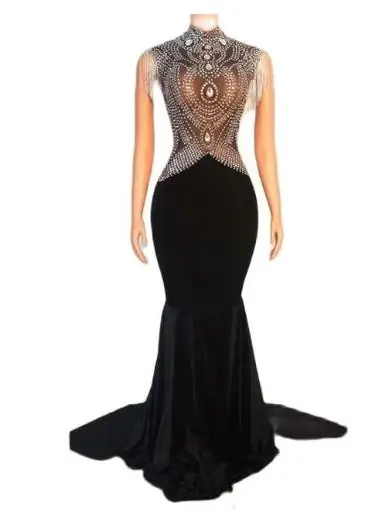 Sexy Shiny Women Night Club Wedding Dress Trending Black Dreamy Diamond Velvet Evening Dresses Bridal Gown Singer Party Costume