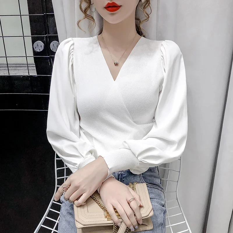 

Fashion Chiffon Splicing Pullover Sweater Women Clothing Ladies Autumn Casual Thin Nice Knitwear Female Woman OL Sweaters Py620