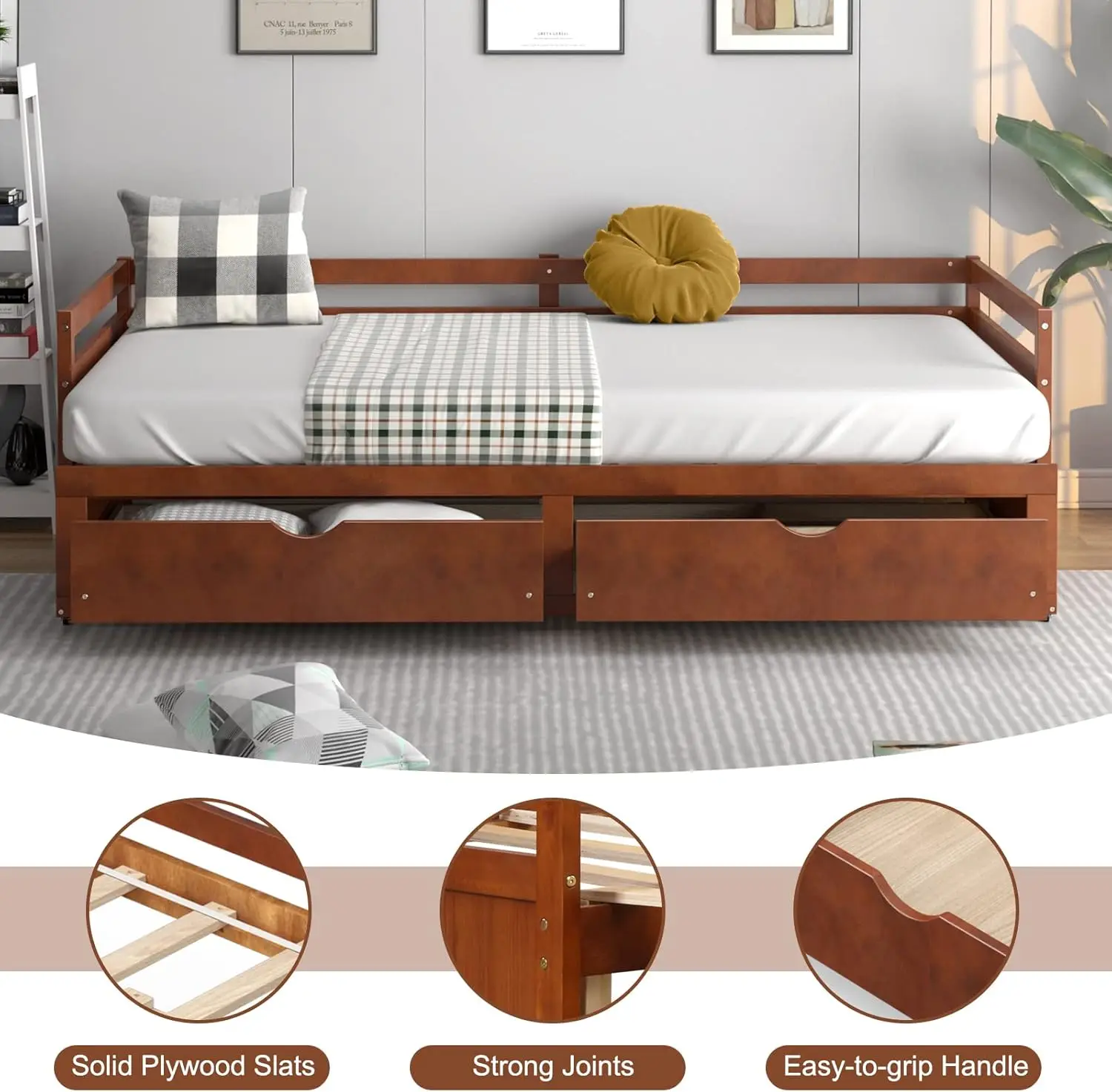 سرير نهاري مزدوج إلى كينج مع درجين للتخزين، سرير نهاري حديث قابل للتمديد مع سرير سحب مزدوج، سرير أريكة مزدوج الاستخدام لـ