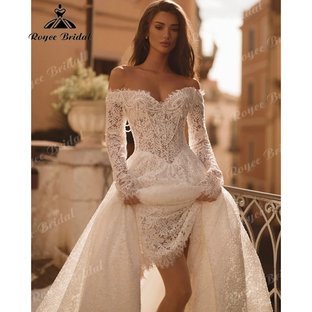 Off Shoulder Sweetheart A-Line Wedding Dress Long Lace Sleeve Pearl Beaded Corset Bodice Sparkling Lace Vestido De Novia Custom